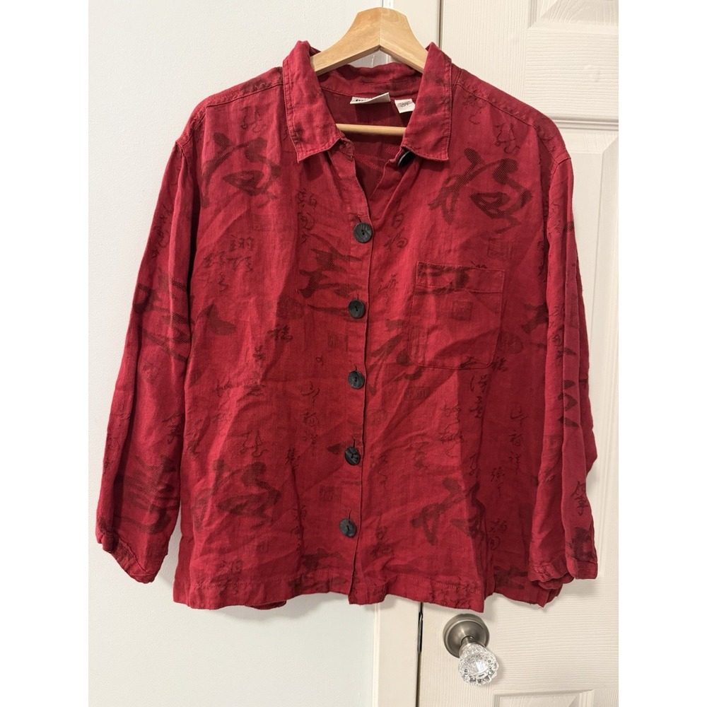 Chico's Design Vintage 100% Linen Button Up Shirt Sz 3 Chinese Characters Y2K